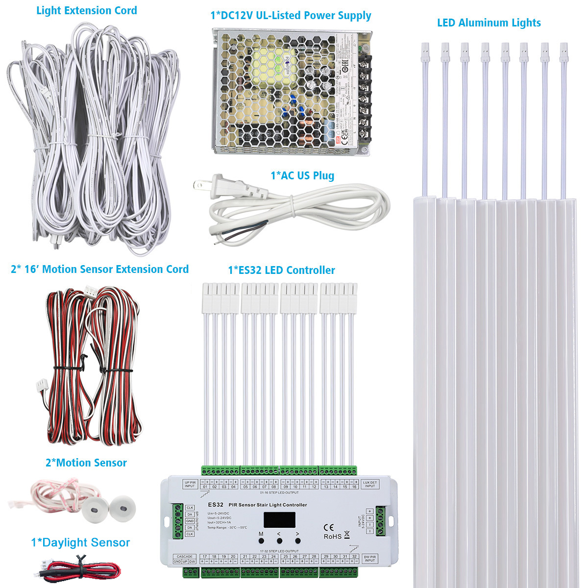 Complete ES32 Channel Tread Intelligent Motion Sensor LED Stair Lights Kit DC12V COB LED Lighting Set Complete ES32 Channel Tread Intelligent Motion Sensor LED Stair Lights Kit DC12V COB LED Lighting Set